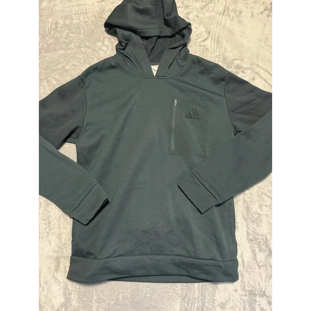 Adidas Pullover Hoodie Men Size M Green Solid Zip Pocket Polyester